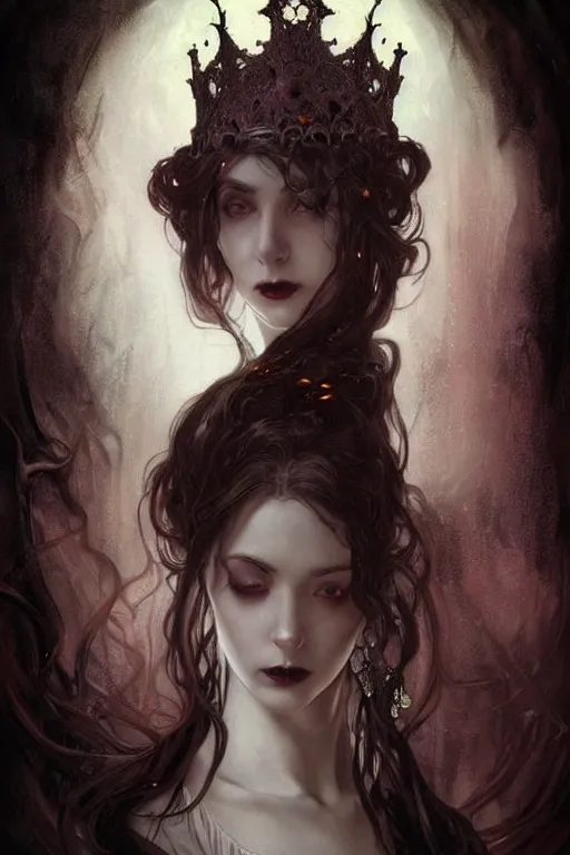 Prompt: beautiful gothic and victorian and luxury and evil young medieval dark crown princess portrait like +smoky eyes+front face with light flowing hair, ultradetail face, art and illustration by craig mullins and tian zi and alphonse mucha and miqi, fantasy, intricate complexity, human structure, hypermaximalist, fantasy character concept, dynamic lighting, neon light, ssci-fi, watermark, blurry, hyperrealism 8k