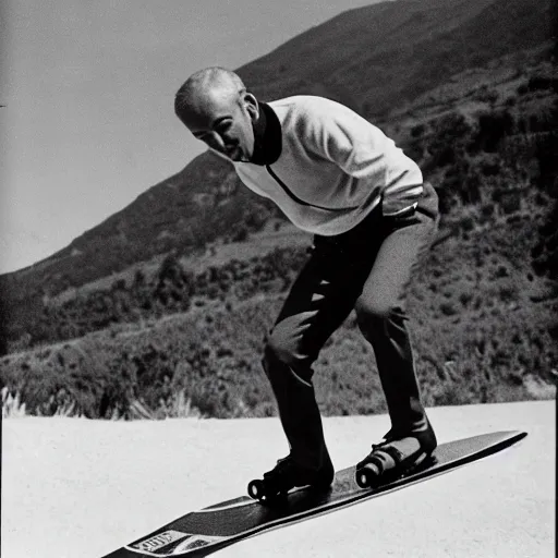 Prompt: francisco franco doing skatboard in el valle de los caidos ( spain )