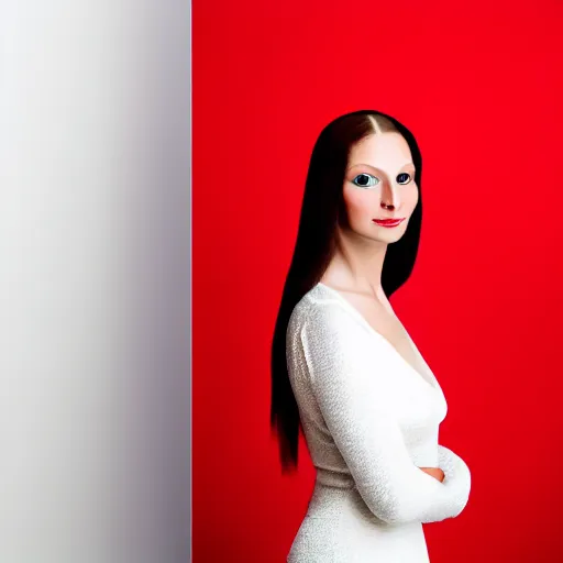 Image similar to Stunning modern studio portrait photograph of the original female model named Mona Lisa standing in a white room wearing a red dress, XF IQ4, f/1.4, ISO 200, 1/160s, 8K, RAW, unedited, symmetrical balance, in-frame, sharpened