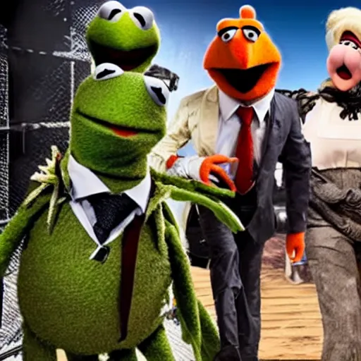 Image similar to a still of from the movie the muppet movie crossover with the game deus ex : mankind divided