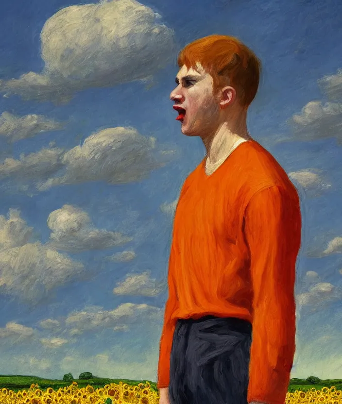 Image similar to a closeup portrait of a man in an orange prisoner overall, standing in beautiful sunflower field, screaming and sad, highly detailed, aesthetic clouds in the sky, in the style of edward hopper, very fine brush strokes, 4 k,