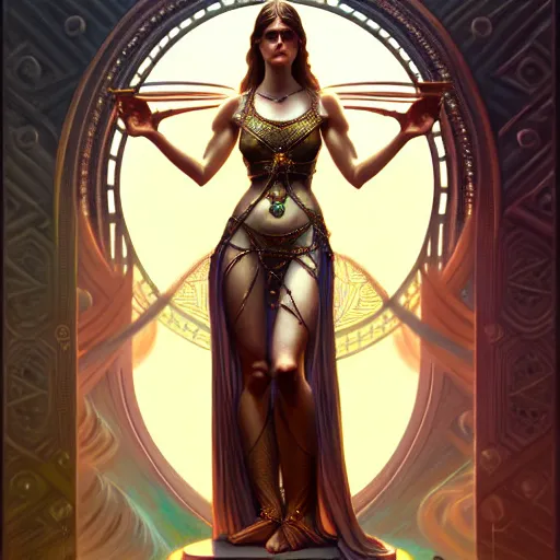 Image similar to ultra realistic tarot card illustration, a statue of glorious goddess alexandra daddario, intricate, elegant, highly detailed, digital painting, artstation, concept art, smooth, sharp focus, illustration, art by artgerm and greg rutkowski and alphonse mucha