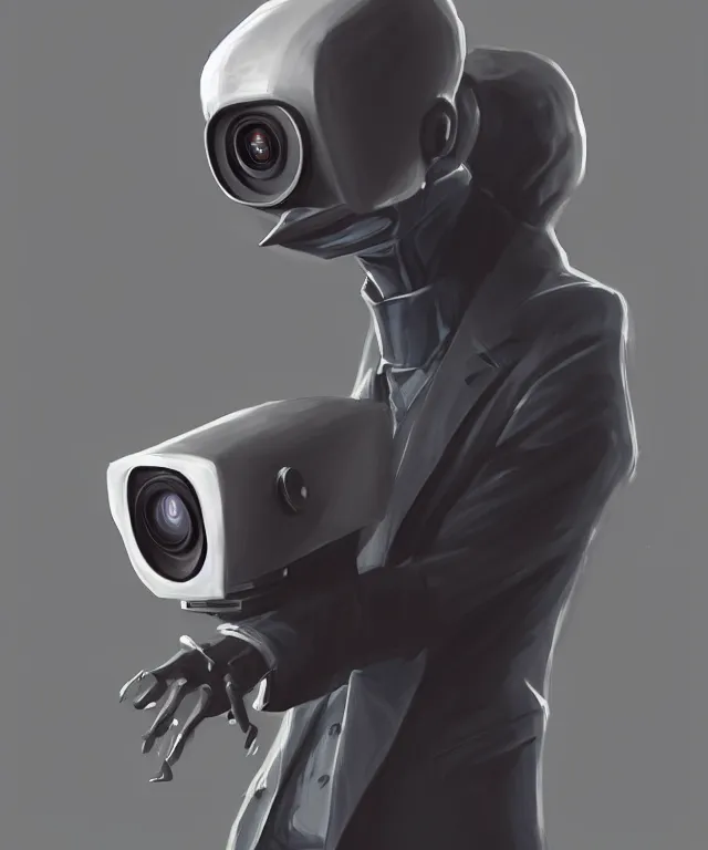 Image similar to a portrait of an anthropomorphic surveillance camera wearing a suit, cyberpunk!, fantasy, elegant, digital painting, artstation, concept art, matte, sharp focus, illustration, art by nick sullo