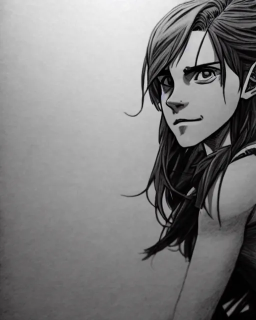 Image similar to a very detailed pencil drawing of emma watson in demon slayer manga panel, action lines, greg rutkowski, in field high resolution, dynamic pose, landscape, portrait, action, hyper realistic, manga, koyoharu gotouge, sakuga