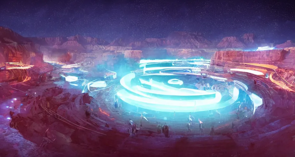 Image similar to night, people and a spiral - shaped white luminous attractor is floating in grand canyon, concept art, art for the game, professional lighting, art