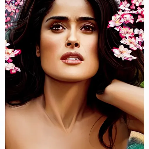 Image similar to photo of salma hayek in the style of stefan kostic, realistic, body shot, sharp focus, 8 k high definition, insanely detailed, intricate, elegant, art by stanley lau and artgerm, cherry blossoms