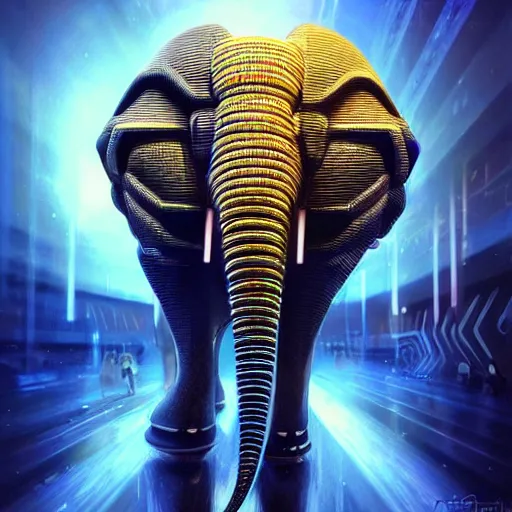 Image similar to hyper realistic futuristic cybertronic elephant. high details of body and face. complex realistic mechanical body. blue led. retro futuristic background cyberpunk style, natural realistic render, trending on art station, 8 k render alan lee, by artgerm.