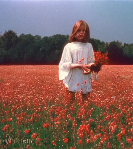 Prompt: encounter with satan in beautiful meadow of flowers, film photo from 1970s, grainy, high detail, high resolution