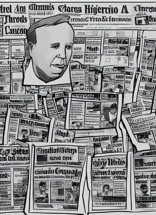 Image similar to sad alex jones surrounded by newspapers in a dark murky room, highdetailed illustration