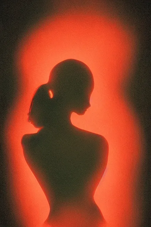 Prompt: woman silhouette, large diffused glowing aura, film grain, art by janice sung