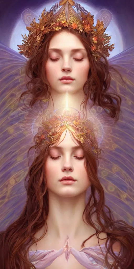 Image similar to fairy queen goddess feminine face meditation!! murky lighting, wind blowing, full body portrait, blessed by nature, physical mental perfection, symmetrical! intricate, sensual, highly detailed, biblical divine holy perfection!! digital painting, artstation, concept art, smooth, sharp focus, by artgerm and greg rutkowski and alphonse mucha