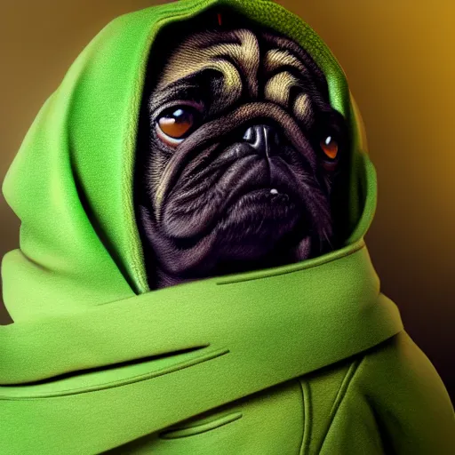 Prompt: a Pug wearing a green hoodie sitting on a couch, photo realistic, trending on artstation, HDR, nicely detailed