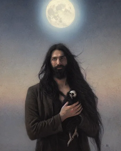 Image similar to portrait of a man with long black hair and beard holding a bird, full moon in the background, fine portrait, beautiful, concept art, by greg rutkowski, by jean delville