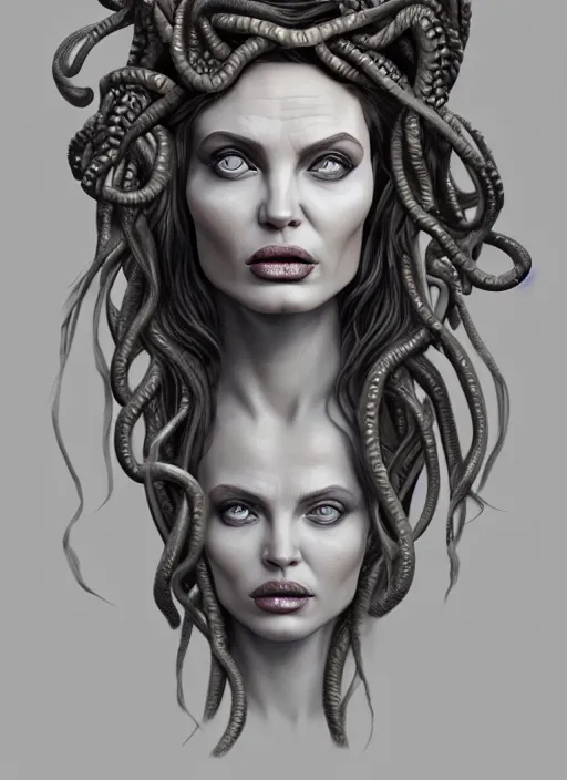 Image similar to beautiful bust of medusa from greek mythology, gorgon, angelina jolie seductive expression, big snakes with open mouth in his head, snakes in place of hair, pencil drawing, hyperdetailed, 8 k realistic, trending on artstation, by kelvin okafor and marco mazzoni and pierre - yves riveau