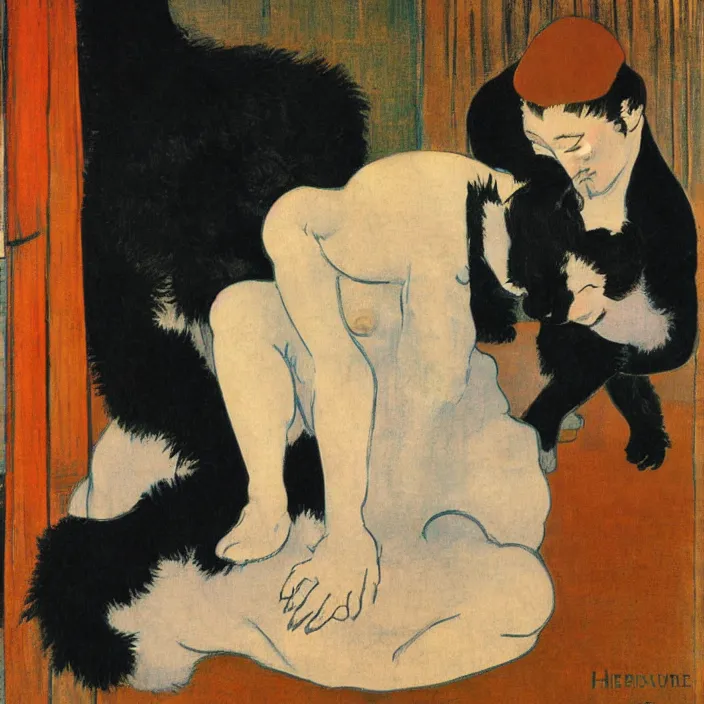 Image similar to couple under a baldachin. iridescent colors, fuzzy black cat. henri de toulouse - lautrec, utamaro, matisse, rene magritte