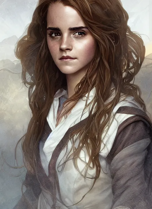 Prompt: emma watson as hermione granger at hogwarts!!!. beautiful detailed face. by artgerm and greg rutkowski and alphonse mucha