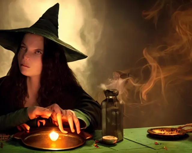 Image similar to close up portrait, dramatic lighting, concentration, calm confident teen witch and her cat mixing a spell in a cauldron, a little smoke fills the air, a witch hat and cape, a little green smoke is coming out of the cauldron, ingredients on the table, apothecary shelves in the background, still from disney show