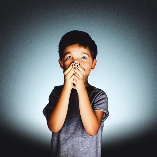 Prompt: a small child holding a flashlight to his face, dark background, vignette, clear photorealistic