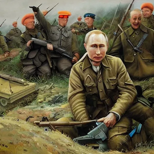 Image similar to Putin is sitting in the trenches and defending himself from Ukrainian troops, Retro futuristic painting style