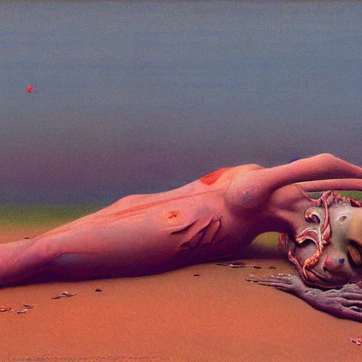 Prompt: dead female giant lying on the ground, by Beksinski