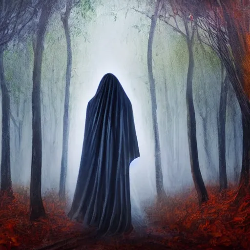 Image similar to ominous bedsheet ghost standing in an autumn forest, oil painting, brush strokes, gloomy misty atmosphere, symmetrical, full body image, highly ornate intricate details,