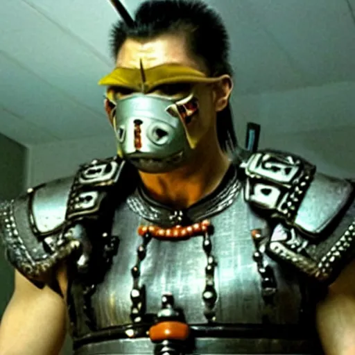 Image similar to fierce big muscular samurai wearing a cybernetic oni mask, movie still