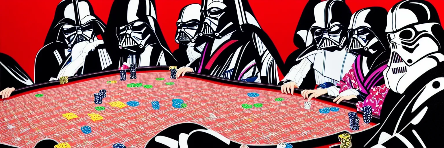 Image similar to hyperrealism composition of the detailed woman in a japanese kimono sitting at an extremely detailed poker table with darth vader and stormtrooper, fireworks on the background, pop - art style, jacky tsai style, andy warhol style, acrylic on canvas