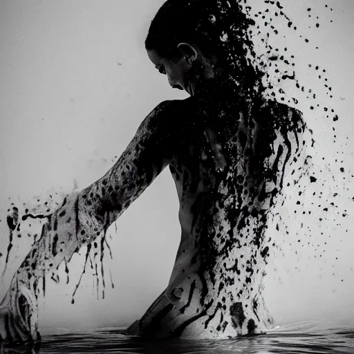 Image similar to a person bathing in ink, portrait photography