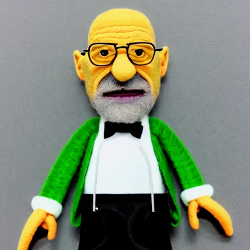 Image similar to walter white as a muppet. highly detailed felt. hyper real photo. 4 k.