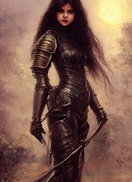 Image similar to young beautiful mischievous selena gomez wearing black medieval armour, bare legs, detailed, by gaston bussiere, bayard wu, greg rutkowski, giger, maxim verehin, greg rutkowski, masterpiece, sharp focus, cinematic lightning