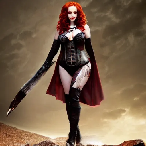Prompt: full body photo of christina hendricks as a vampire amazon warrior