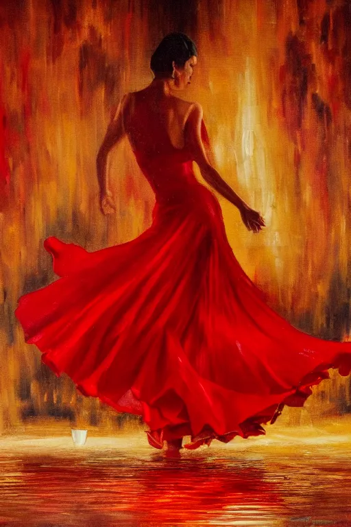 Prompt: detailed oil painting of spanish flamenco dancer walking into water wearing a red dress that's engulfed in flames, dimly lit by candles on the ground, looking away, dark shadows, ethereal, slr, 4 k, high definition