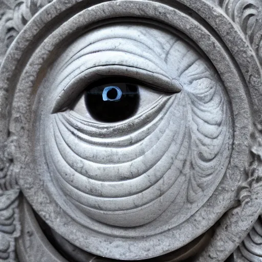 Image similar to marble statue of an intricately detailed eye floating, centered with black background
