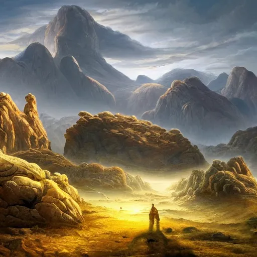 Image similar to The stone landscape with mountains in the background, Sci-Fi fantasy wallpaper, painted, 4k, high detail, sharp focus