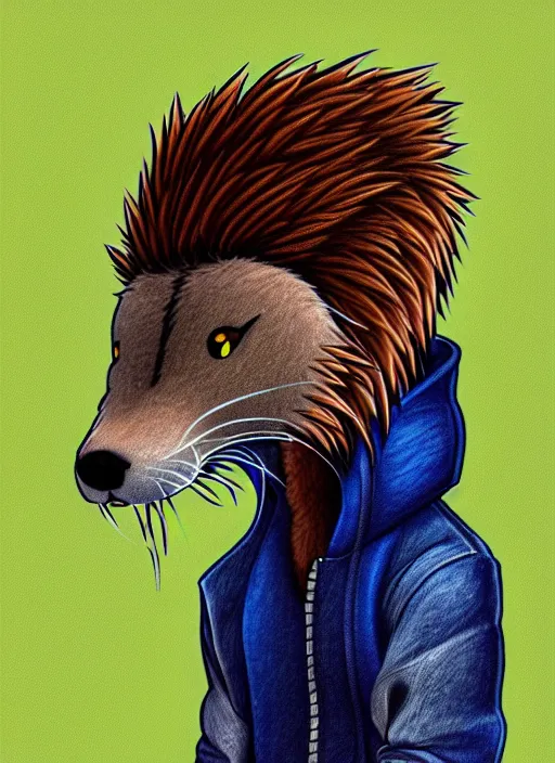 Image similar to expressive stylized master furry artist digital colored pencil painting full body portrait character study of the otter ( sergal ) small head fursona animal person wearing clothes jacket and jeans by master furry artist blotch