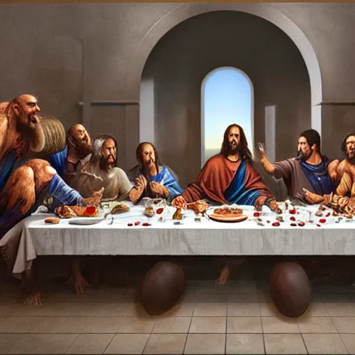 Image similar to !13 hungry cannibals making a rich salad around a marble table, !positioned as last supper cinematic lighting, dramatic framing, highly detalied, 4k, artstation, by Rene Lalique and Wayne Barlowe