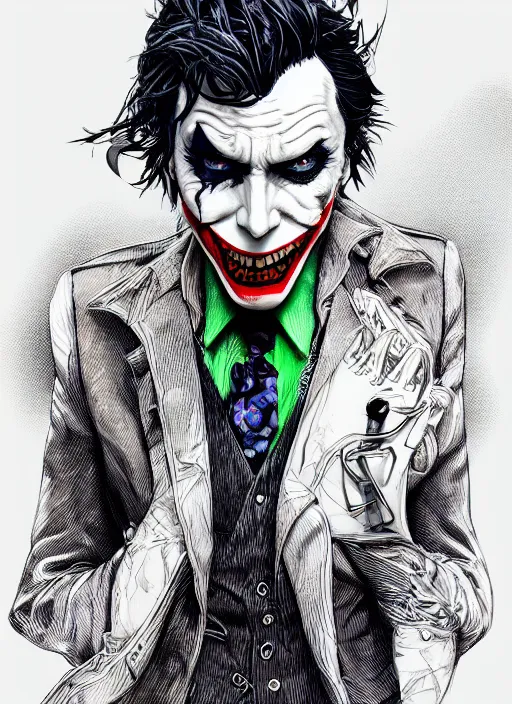 Image similar to portrait of joker from persona, an ultrafine detailed illustration by james jean, intricate linework, bright colors, final fantasy, behance contest winner, vanitas, angular, altermodern, unreal engine 5 highly rendered, global illumination, radiant light, detailed and intricate environment