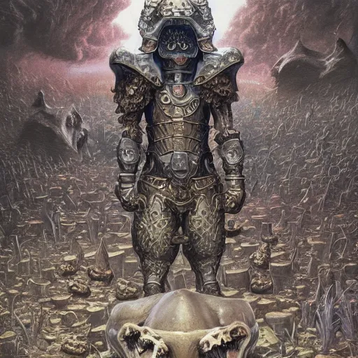 Image similar to anthropomorphic shiba inu, gold armor, standing on pile of skulls, graveyard full of bones and skulls, stuning fantasy 3 d render, masterpiece, glowing dark aura, by donato giancola and greg rutkowski and wayne barlow and zdzisław beksinski, realistic face