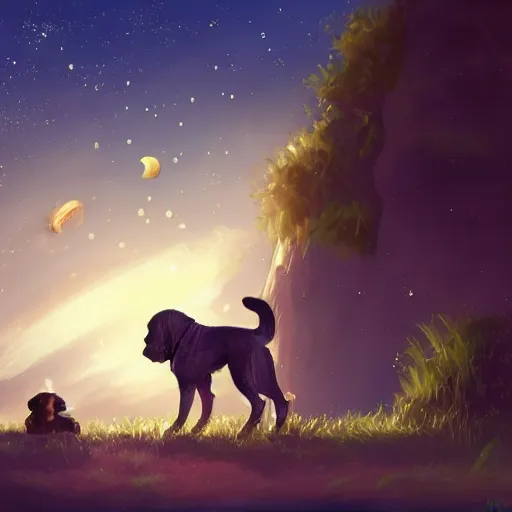 Prompt: a kid and a dog staring at the stars, digital art, artstation, 4k