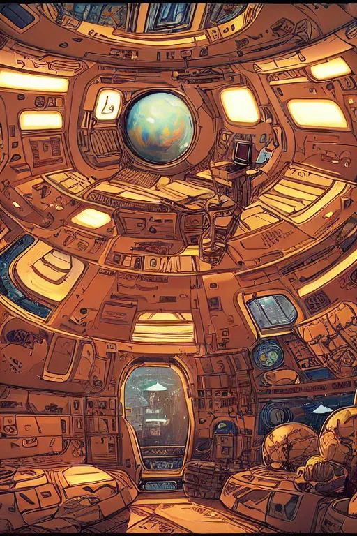 Prompt: Inside a room alien spaceship with large window that provide a scenic view of a huge planet can be seen in the background, Highly detailed labeled, poster, aesthetic, haeccety by Feng Zhu and Loish and Laurie Greasley