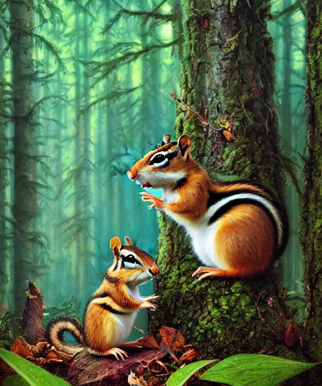 Image similar to a single realistic chipmunk, sitting in a psychedelic forest, wide angle landscape shot, pixar style by tristan eaton, artgerm and tom bagshaw