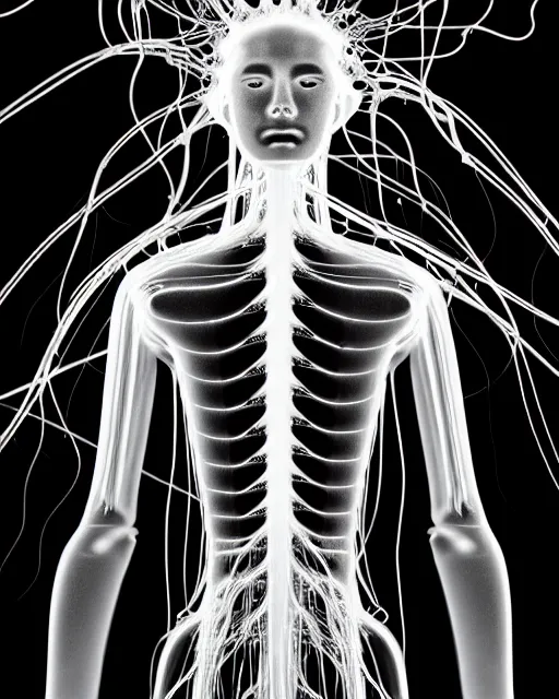 Image similar to black and white young cyborg-human-jellyfish-plant goddess high quality photo, microchip, artificial intelligence, bio-mechanical bio-luminescence, black wired cables, neurons, nerve cells, octane render, cinematic, rim light, hyper realism, photo-realistic, high detail, 8k, masterpiece, high fashion, in the style of H.G. Giger