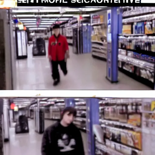 Prompt: disgruntled emo goes postal, security camera footage