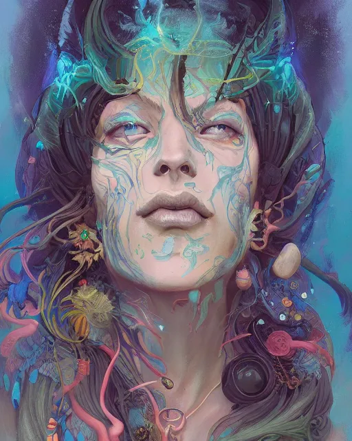 Prompt: beautiful portrait of a psychedelic shaman, by pete mohrbacher and artgerm and wlop, digital art, highly detailed, intricate, fantasy, mystical, Trending on Artstation HQ, deviantart, unreal engine, 4K UHD image