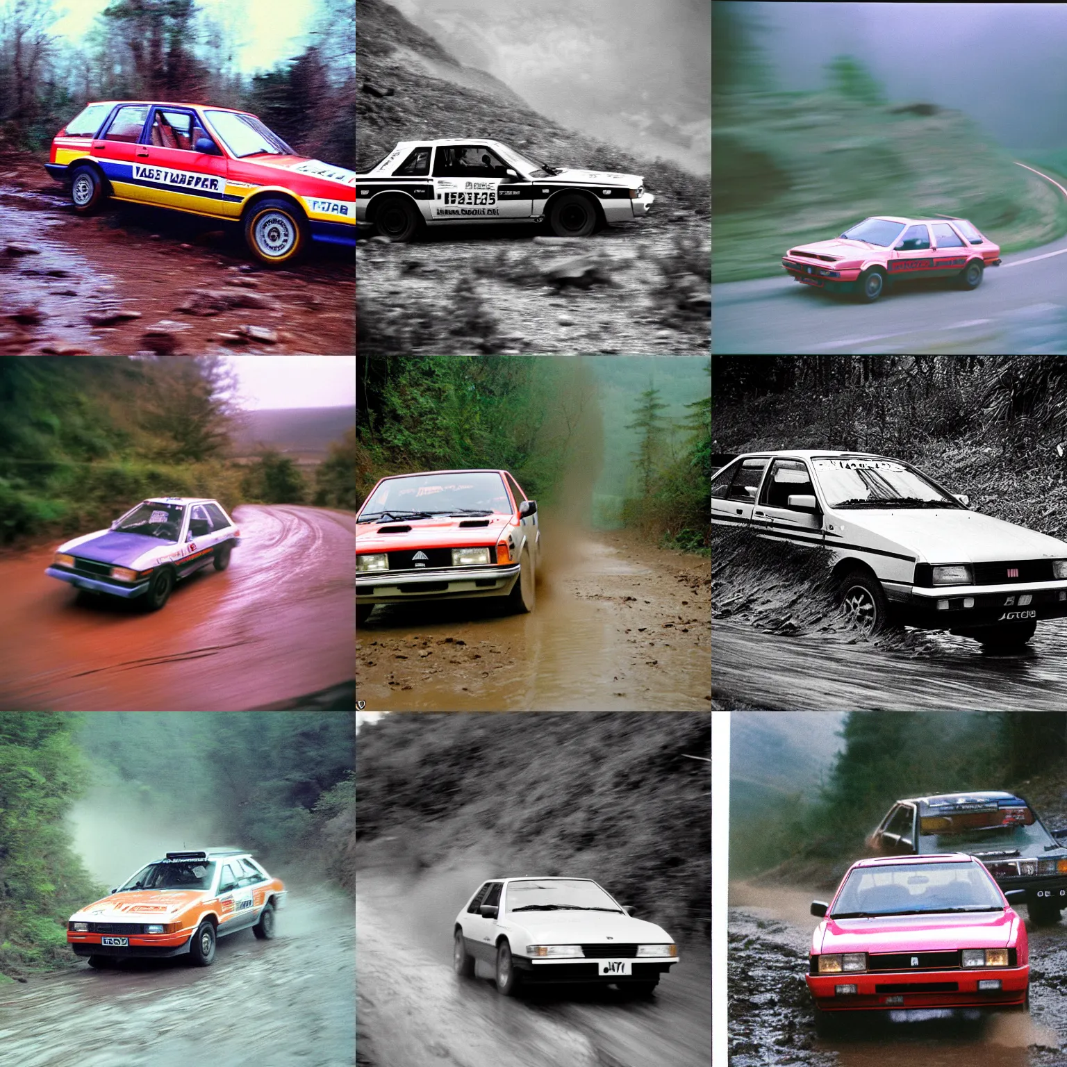 Prompt: 8 0 s cars, yashica me - 1, slight motion blur, rally race in a muddy mountain road