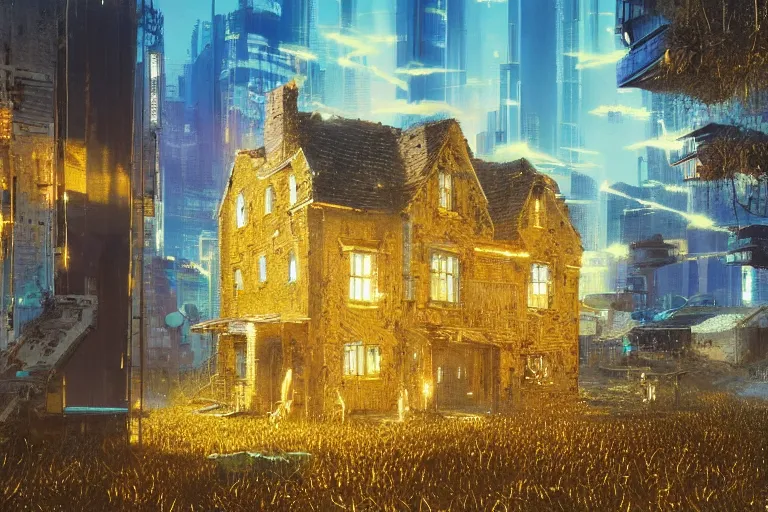 Image similar to cyberpunk, an estate agent listing external photo of a golden 5 bedroom detached house, made of gold, metal, golden, sparkling, in the countryside, sunny day, clear skies, by Paul Lehr