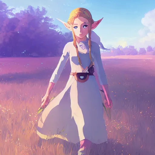 Image similar to zelda in a field. cgsociety masterpiece, artstation trending, by rossdraws, ghibli, kimi no na wa, greg rutkowski, simon stalberg, greg manchess