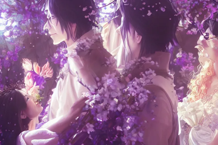 Image similar to a cinematic portrait of wedding photograph jpeg close up moment of a divine a japan sun god and moon goddess lovers magician at a wedding banquet. portraiture. digital painting. artstation. concept art. wedding photo. digital painting, 8 k realistic, hyper detailed, violet evergarden art masterpiece by art by krenz cushart