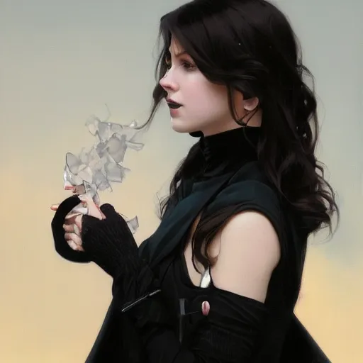 Prompt: oil painting of evil grumpy dark haired women, cameraflash portrait by ilya kuvshinov, artgerm, alphonse mucha, and greg rutkowski, wearing black coat, black makeup, ice mage, shooting ice, fantasy artwork, fantastic artwork, 4 k, trending on artstation