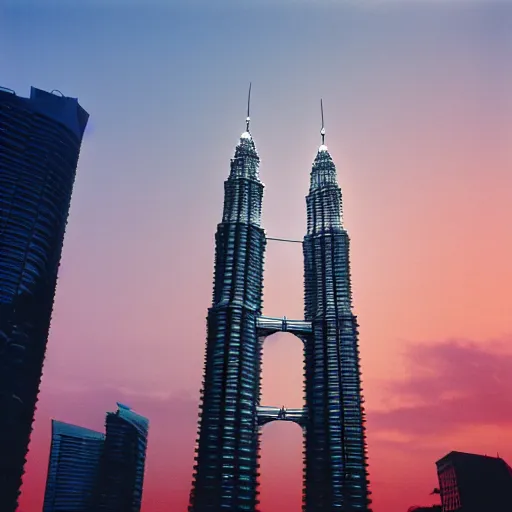 Prompt: the petronas towers shaped like elac debut floor standing speakers, ultra realistic, kodachrome 6 4, golden hour image